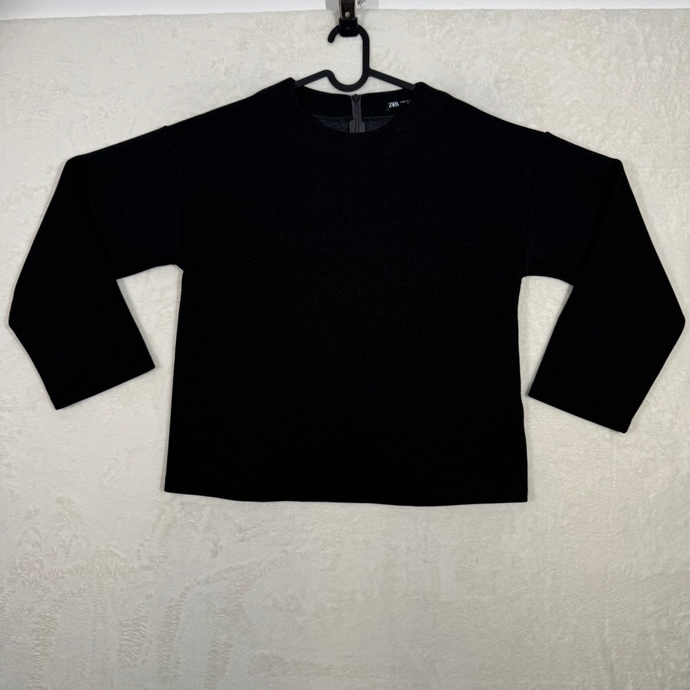 Zara Top Womens Medium Black Textured Knit Long Sleeve Boxy‎ Crew Neck Zip Back